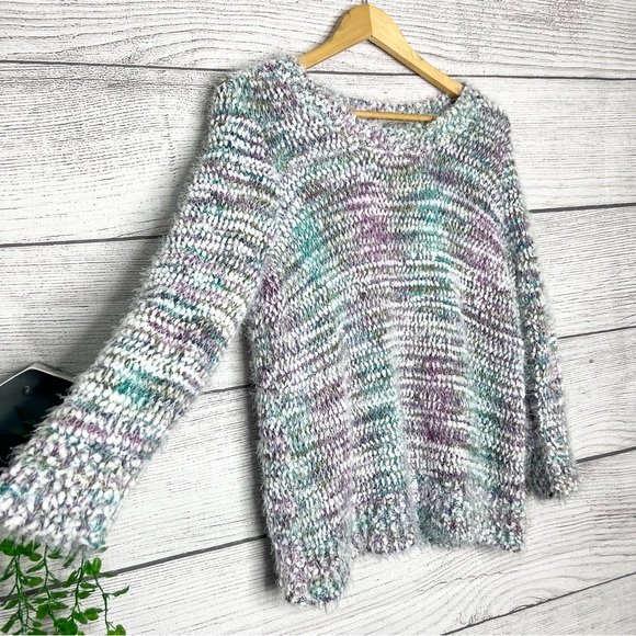Soft Fuzzy Knit Sweater Purple Blue Green White Size XL - Picture 2 of 9